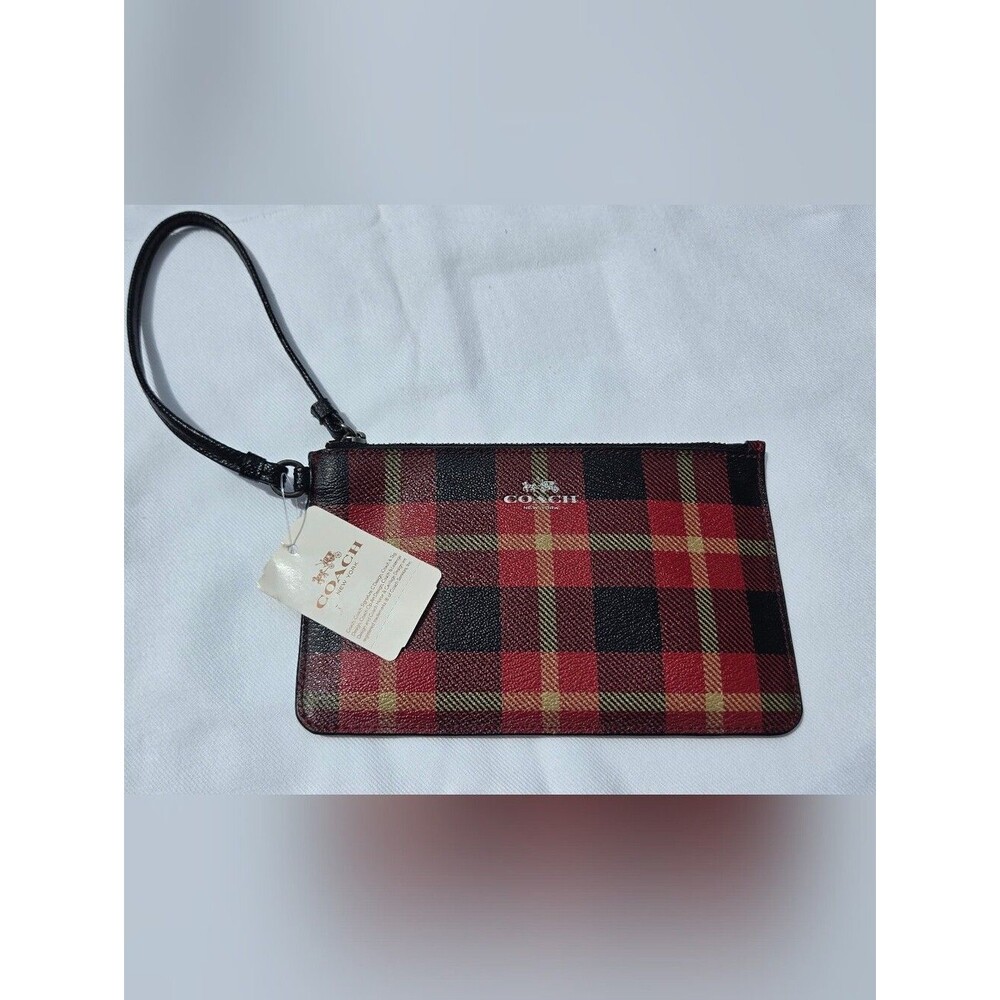 Coach Red & Black Plaid Wristlet with Gold Logo
